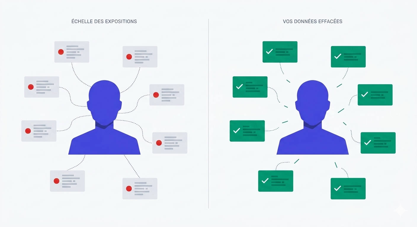 Comparaison avant et après DataStop : à gauche les données exposées, à droite les données effacées